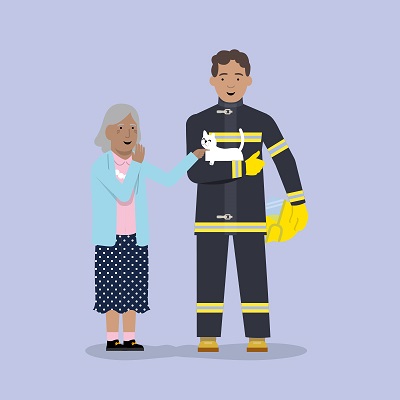 Animated image of a firefighter rescuing a cat
