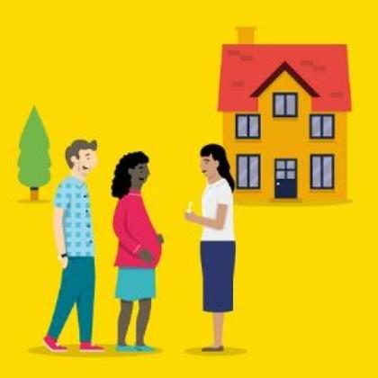 Animated image of a member of staff handing a key to a couple outside a house