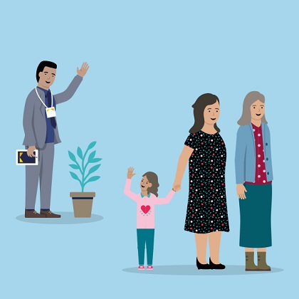 Illustration of a family walking together, with the child waving to a member of staff