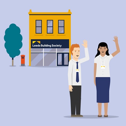 Illustration of two members of staff waving outside a Leeds Building Society branch