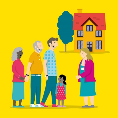 Animated image of people in front of a house