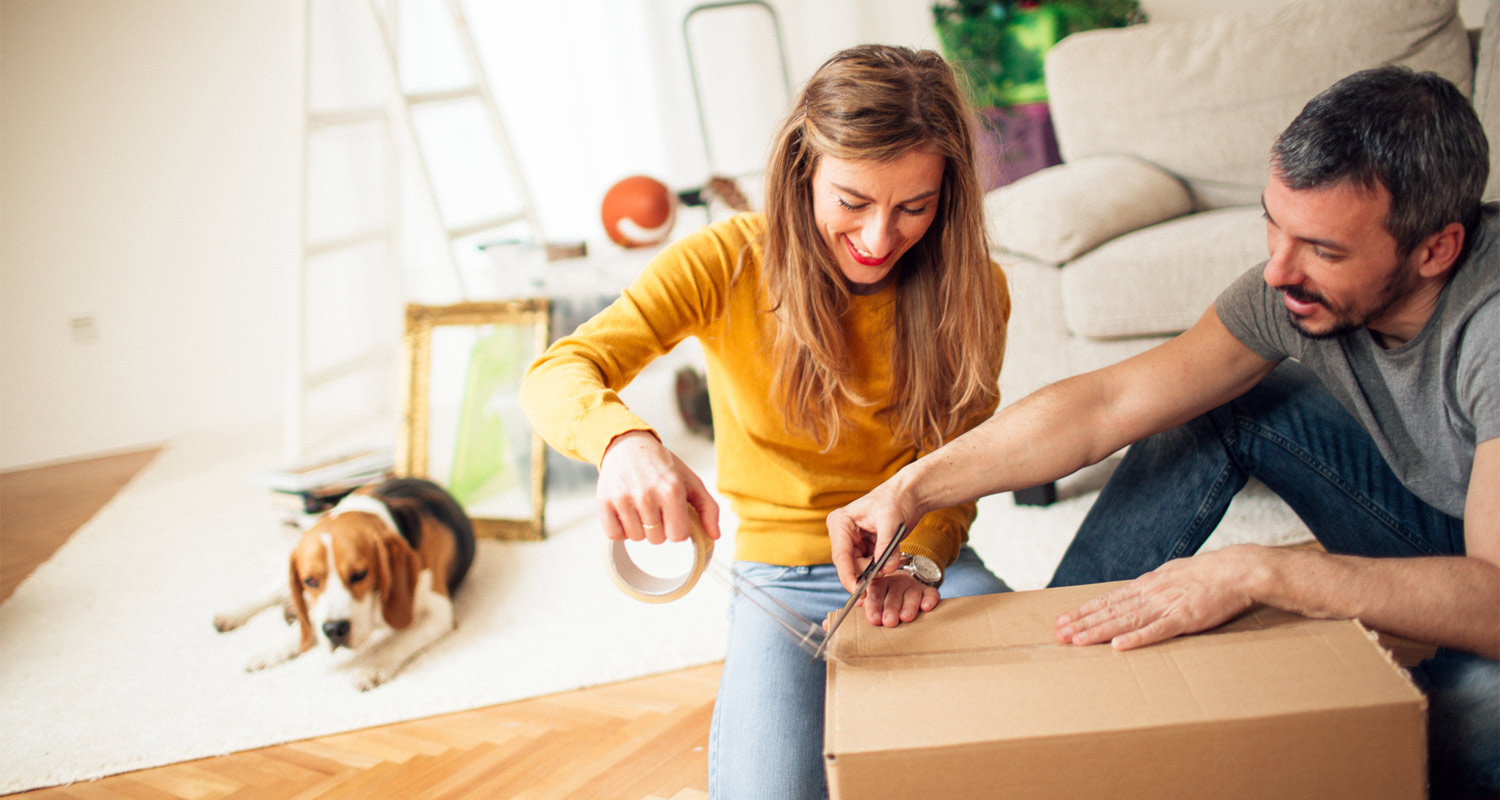 Two people packing up a cardboard box with a dog lying next to them