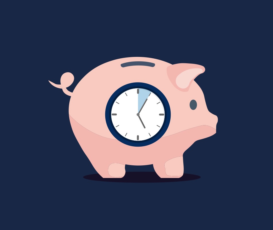 Animated image of a piggy bank with a clock face