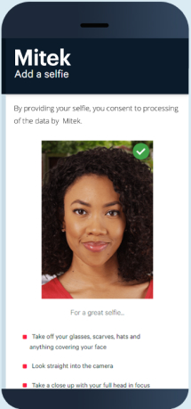 Image of a phone with Mitek Add a selfie page