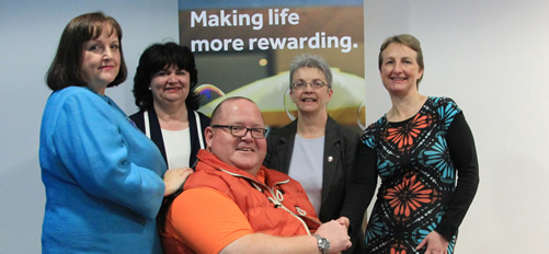 Paul Cartwright is pictured (centre) with (left to right) Jeanette Cartwright (Customer Liaison Manager, Leeds Building Society), Julie Shaw (Head of Fundraising, Hollybank Trust), Susan Marsden (Partnerships Fundraiser, Hollybank Trust) and Karen Wint (Operations Director, Leeds Building Society).