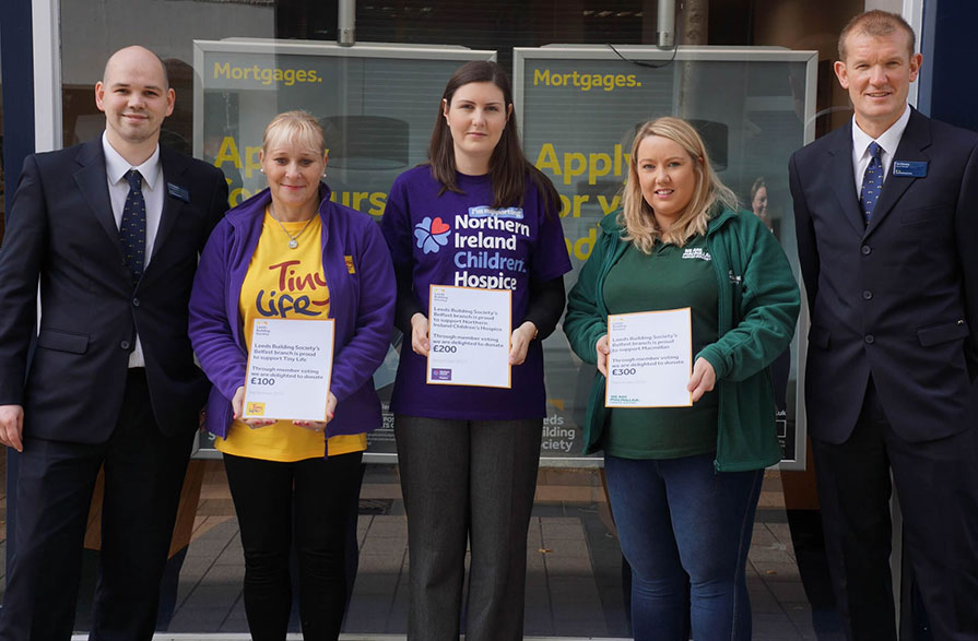 Pictured (L-R): <br><strong>Christopher Kelly</strong> (Belfast branch customer service advisor), <strong>Kimberly Hill</strong> (Tiny Life), <strong>Eva Toal</strong> (Northern Ireland Children's Hospice), <strong>Emma Ewings</strong> (Macmillan Cancer) and <strong>Ian Devany</strong> (Belfast branch manager).