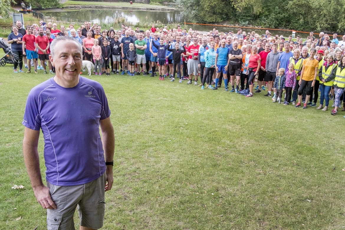Doncaster parkrun Event Director Mark Hudson and parkrunners at Sandall Park